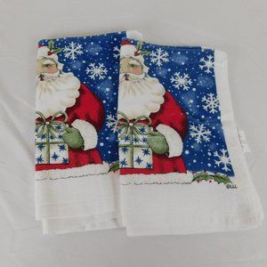 2 Christmas Kitchen Dish Towels Santa Snowflakes Present Blue Red White Green